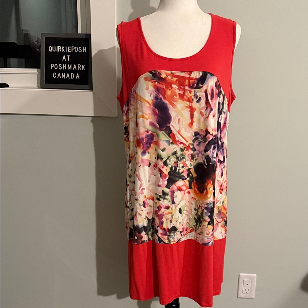 Yest Vibrant Coral Sleeveless Dress with Abstract Print